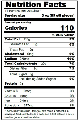 nutitional information package label