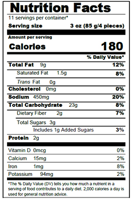 nutitional information package label
